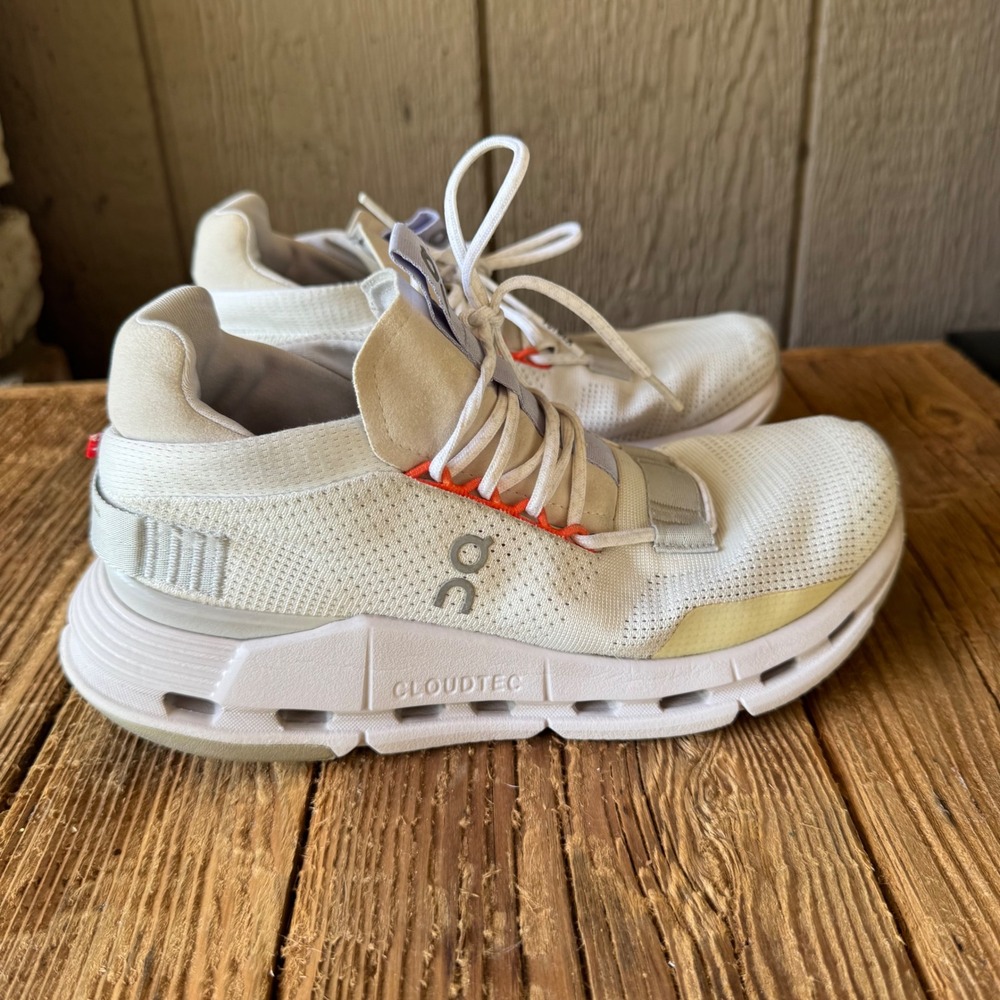 On Women's Cloudnova Running White and Orange/Purple Accent Sneakers